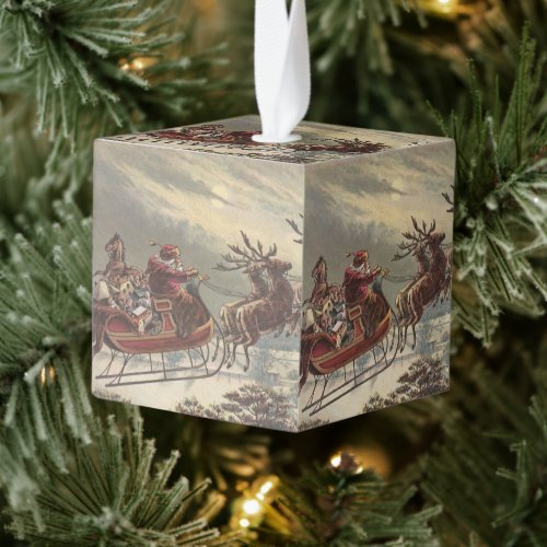 Vintage Christmas Victorian Santa Claus in Sleigh Cube Ornament