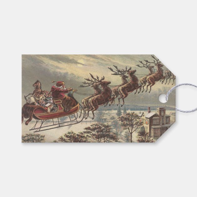 Vintage Christmas, Victorian Santa Claus In Sleigh Gift Tags