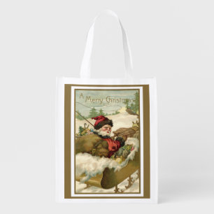 Vintage Christmas, Victorian Santa Claus in Sleigh Grocery Bag