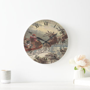 Vintage Christmas, Victorian Santa Claus in Sleigh Large Clock