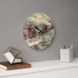 Vintage Christmas, Victorian Santa Claus in Sleigh Large Clock