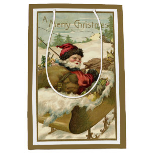 Vintage Christmas, Victorian Santa Claus in Sleigh Medium Gift Bag