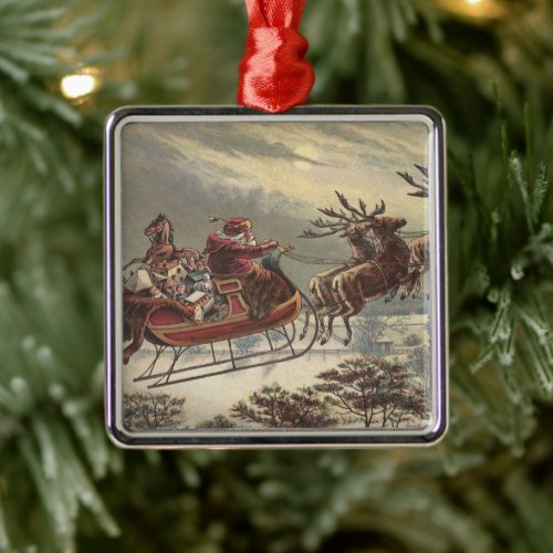 Vintage Christmas Victorian Santa Claus in Sleigh Metal Ornament