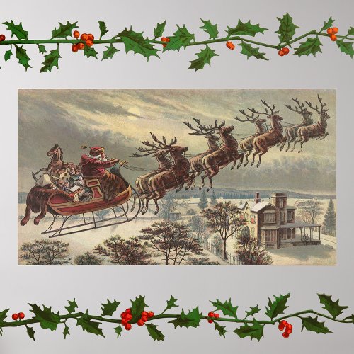 Vintage Christmas Victorian Santa Claus in Sleigh Poster