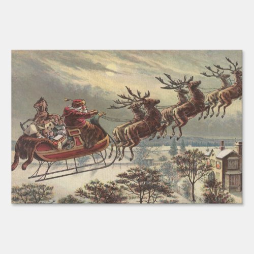 Vintage Christmas Victorian Santa Claus in Sleigh Sign