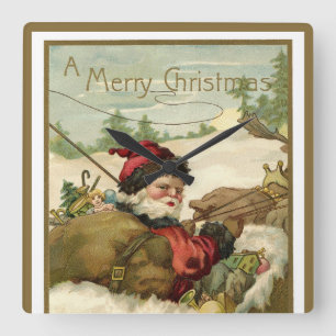 Vintage Christmas, Victorian Santa Claus in Sleigh Square Wall Clock