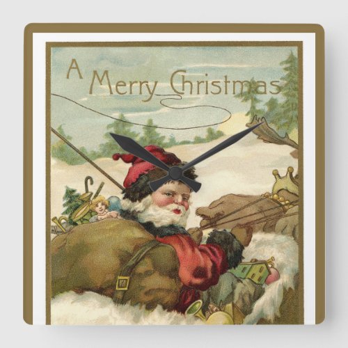 Vintage Christmas Victorian Santa Claus in Sleigh Square Wall Clock
