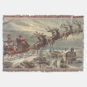 Vintage Christmas, Victorian Santa Claus in Sleigh Throw Blanket