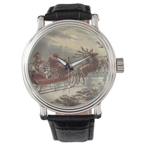 Vintage Christmas Victorian Santa Claus in Sleigh Watch