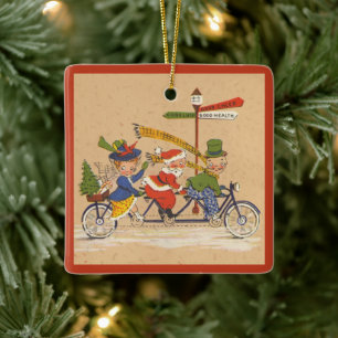 Vintage Christmas, Victorian Santa Claus on Bike Ceramic Ornament