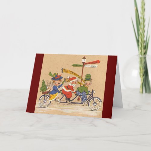 Vintage Christmas Victorian Santa Claus on Bike Holiday Card