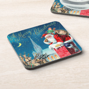 Vintage Christmas Victorian Santa Claus on Chimney Beverage Coaster
