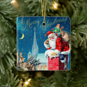 Vintage Christmas Victorian Santa Claus on Chimney Ceramic Ornament