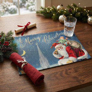 Vintage Christmas Victorian Santa Claus on Chimney Cloth Placemat