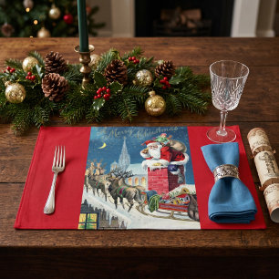 Vintage Christmas Victorian Santa Claus on Chimney Cloth Placemat