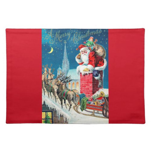 Vintage Christmas Victorian Santa Claus on Chimney Cloth Placemat