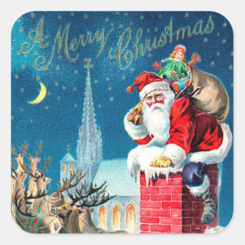 Vintage Christmas Victorian Santa Claus on Chimney Square Sticker