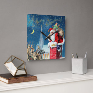 Vintage Christmas Victorian Santa Claus on Chimney Square Wall Clock