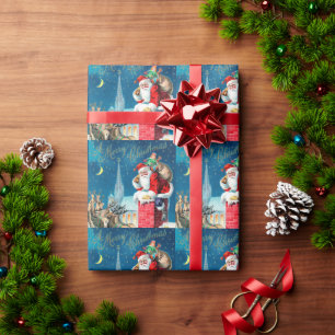 Vintage Christmas Victorian Santa Claus on Chimney Wrapping Paper