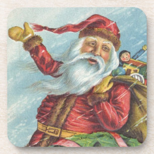 Vintage Christmas, Victorian Santa Claus on Wreath Beverage Coaster