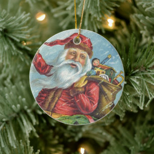 Vintage Christmas, Victorian Santa Claus on Wreath Ceramic Ornament