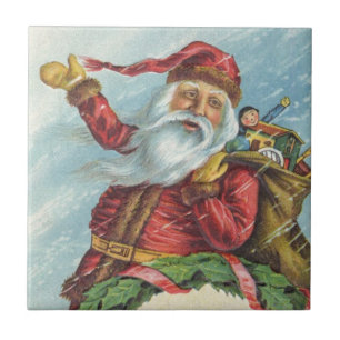 Vintage Christmas, Victorian Santa Claus on Wreath Ceramic Tile