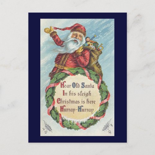 Vintage Christmas Victorian Santa Claus on Wreath Holiday Postcard