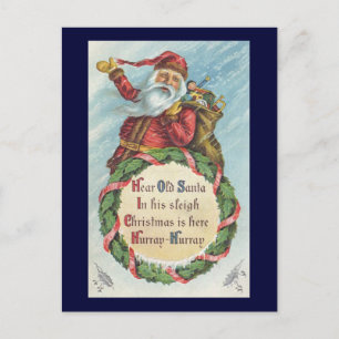 Vintage Christmas, Victorian Santa Claus on Wreath Holiday Postcard