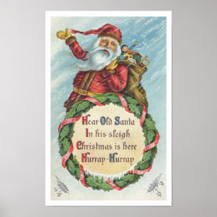 Vintage Christmas, Victorian Santa Claus on Wreath Poster
