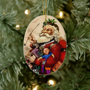 Vintage Christmas, Victorian Santa Claus Pipe Toys Ceramic Ornament