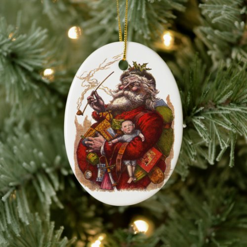 Vintage Christmas Victorian Santa Claus Pipe Toys Ceramic Ornament