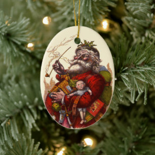 Vintage Christmas, Victorian Santa Claus Pipe Toys Ceramic Ornament