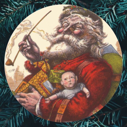 Vintage Christmas Victorian Santa Claus Pipe Toys Classic Round Sticker