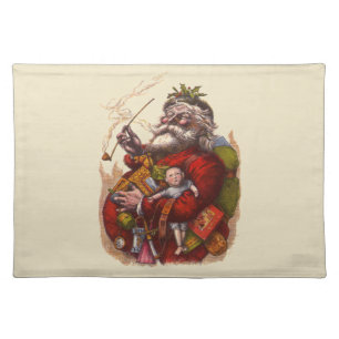 Vintage Christmas, Victorian Santa Claus Pipe Toys Cloth Placemat