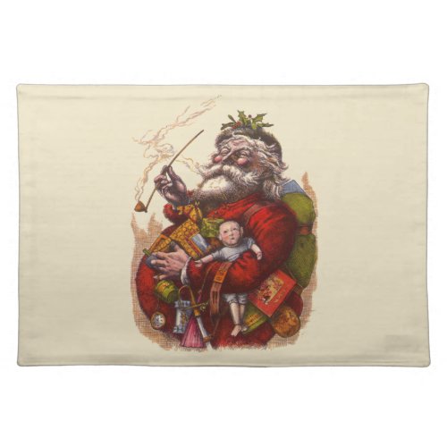 Vintage Christmas Victorian Santa Claus Pipe Toys Cloth Placemat