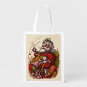 Vintage Christmas, Victorian Santa Claus Pipe Toys Grocery Bag