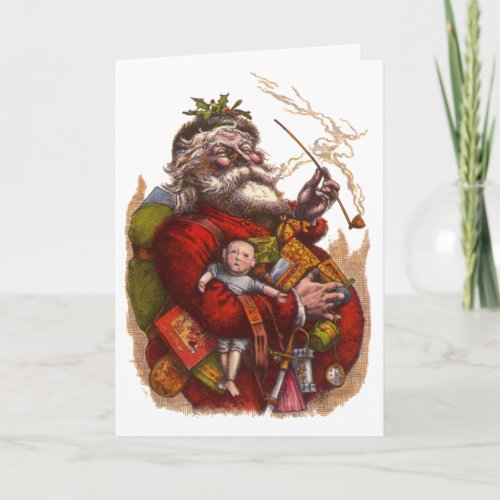 Vintage Christmas Victorian Santa Claus Pipe Toys Holiday Card