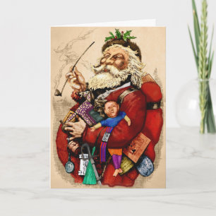 Vintage Christmas, Victorian Santa Claus Pipe Toys Holiday Card