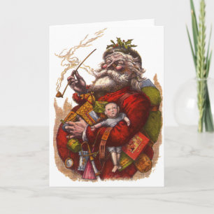 Vintage Christmas, Victorian Santa Claus Pipe Toys Holiday Card