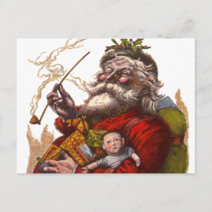 Vintage Christmas, Victorian Santa Claus Pipe Toys Holiday Postcard