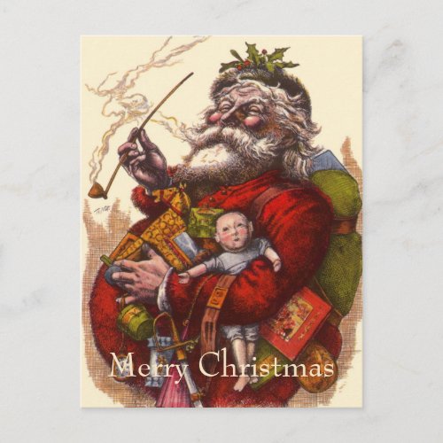 Vintage Christmas Victorian Santa Claus Pipe Toys Holiday Postcard