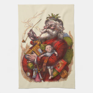 Vintage Christmas, Victorian Santa Claus Pipe Toys Kitchen Towel