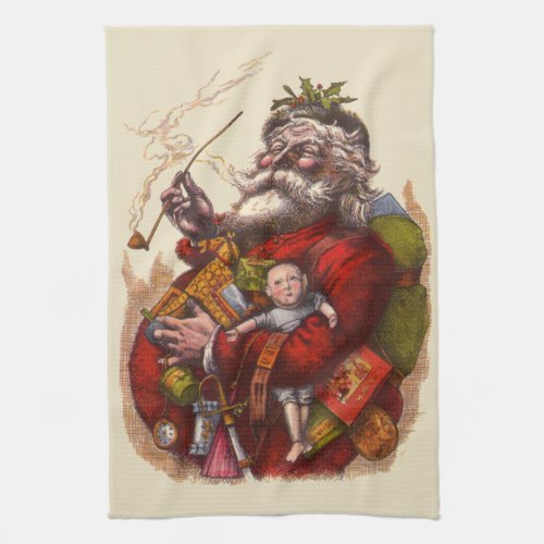 Vintage Christmas Victorian Santa Claus Pipe Toys Kitchen Towel