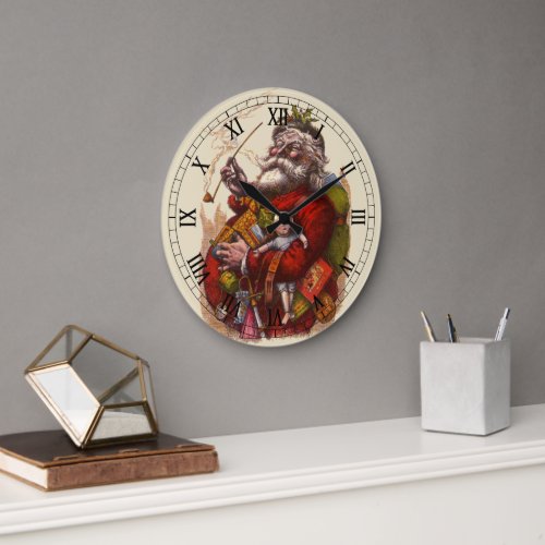 Vintage Christmas Victorian Santa Claus Pipe Toys Large Clock