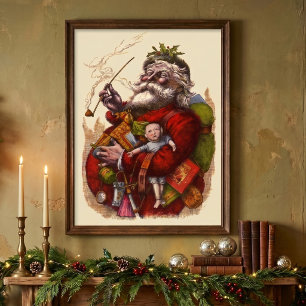 Vintage Christmas, Victorian Santa Claus Pipe Toys Poster
