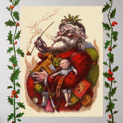 Vintage Christmas Victorian Santa Claus Pipe Toys Poster