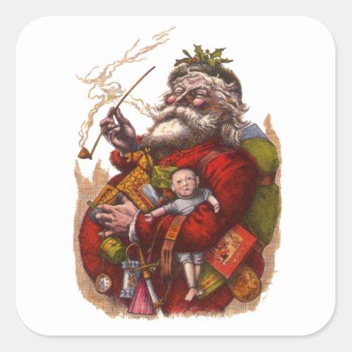 Vintage Christmas Victorian Santa Claus Pipe Toys Square Sticker