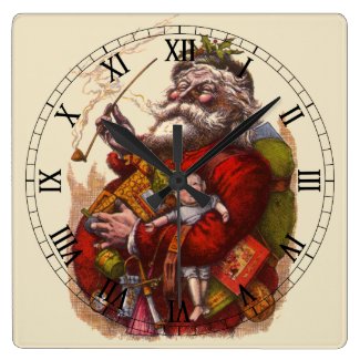 Vintage Christmas, Victorian Santa Claus Pipe Toys Square Wall Clock