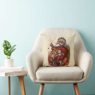 Vintage Christmas, Victorian Santa Claus Pipe Toys Throw Pillow