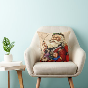Vintage Christmas, Victorian Santa Claus Pipe Toys Throw Pillow